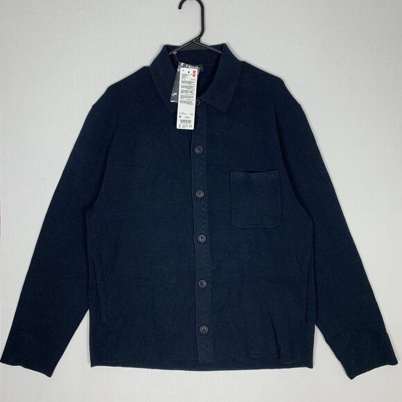 Uniqlo Milano Ribbed Shirt Collar Cardigan Men's Medium NWT Navy